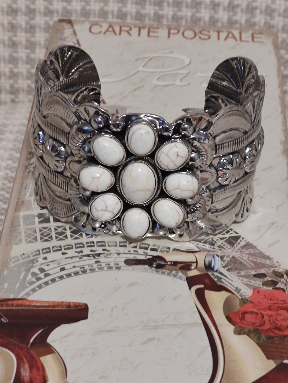 White Stone Flower Cuff Bracelet - Silver Tone - Picture 6 of 6